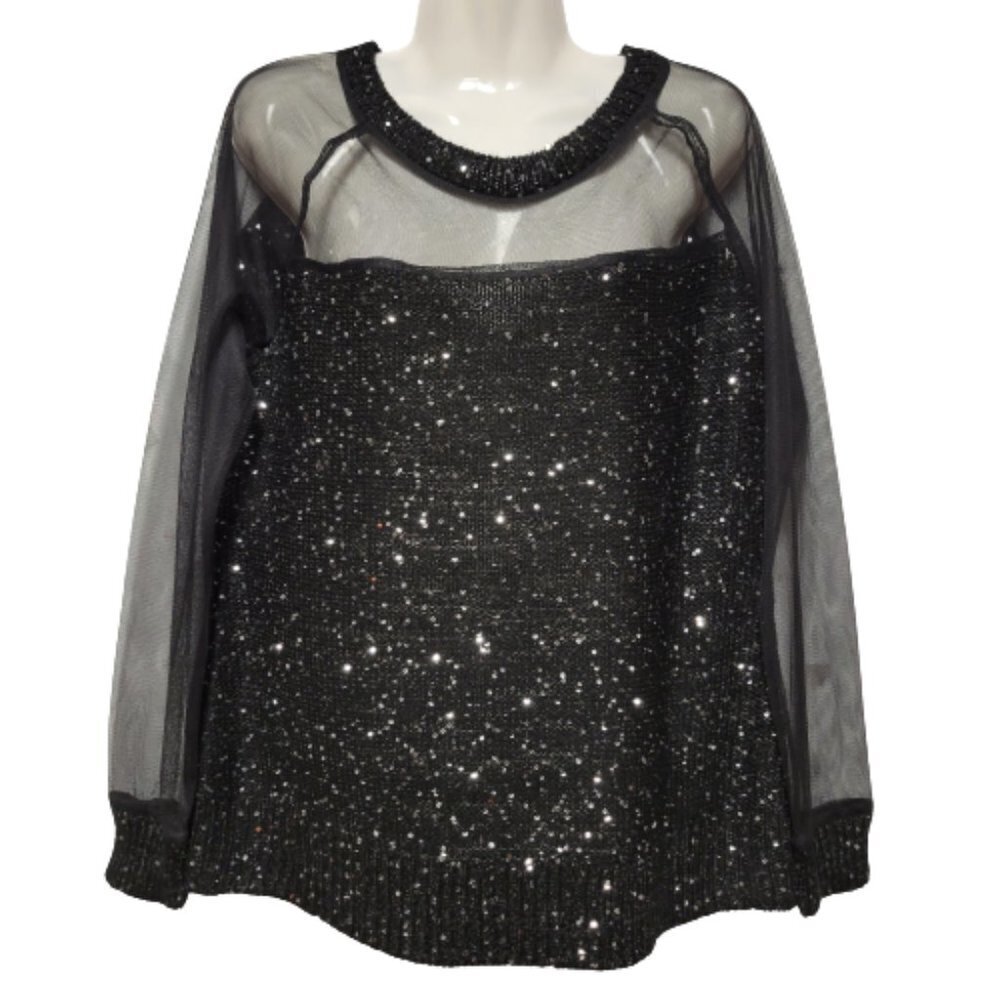 Black Top, Black Sequin Top, Black Long Sleeve Blouse Top- Size L/XL- NEW